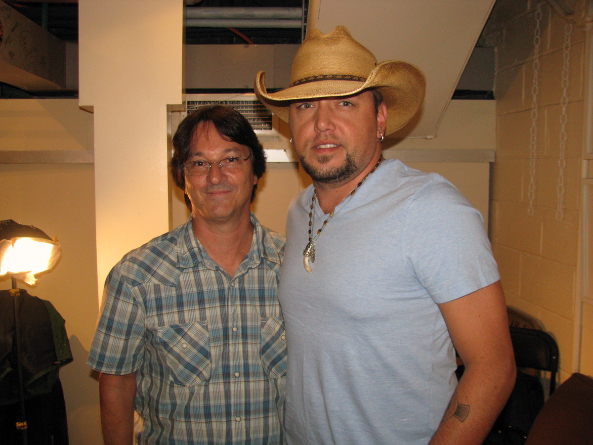 (L) with Broken Bow Records (BBR) artist Jason Aldean (R) after a concert at the The Ed Sullivan Theater in New York City