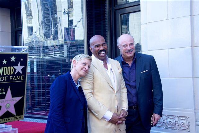 Ellen Degeneres and Dr Phil join Steve Harvey as he receives a star on the Hollywood Walk of Fame.